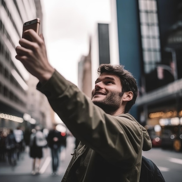 Miejski mężczyzna robi sobie publiczne selfie