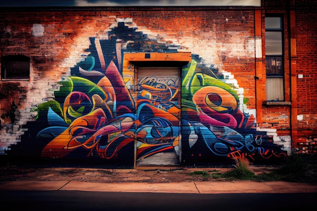 Miejski mur z cegły z graffiti, ukazujący artystyczną stronę architektury przemysłowej