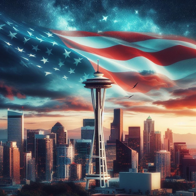 Miejski patriotyzm uchwycił oszałamiający kontrast amerykańskiej flagi i majestat Space Needles.