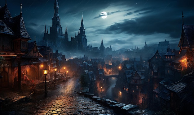 miejski średniowieczny bogaty pejzaż miejski z wieżami w nocy