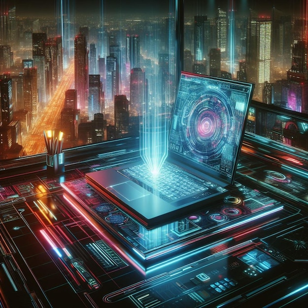 miejskie hologramy centrum futurystyczne biurko holograficzne laptop neonowe odbicia wirtualny krajobraz miejski cyfrowy