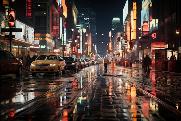 Miejskie powodzie zalane ulice odzwierciedlają Neon, podczas gdy ludzie walczą z parasolami generatywnymi IA