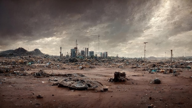 Miejskie wysypisko śmieci na pustkowiach SciFi Postapokaliptyczna panoramiczna ilustracja sztuki