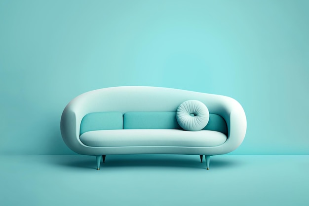 Miękka niebieska sofa na niebieskim tle Ilustracja 3D Obraz generowany przez sztuczną inteligencję Nowoczesny minimalistyczny detal wnętrza salonu Przytulność w mediach społecznościowych i koncepcja sprzedaży kreatywny pomysł na reklamę
