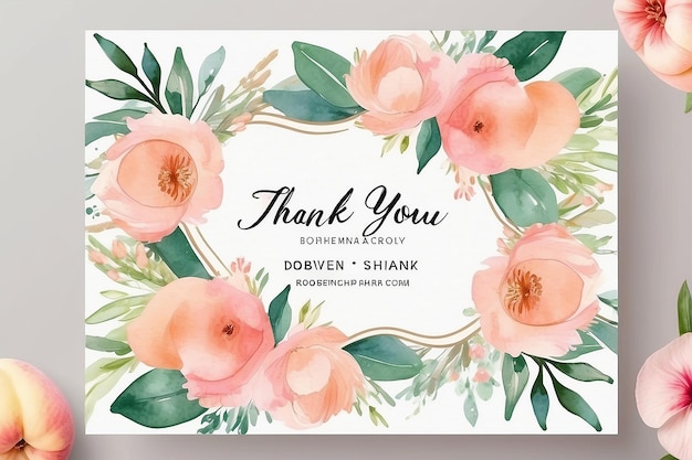 Miękka różowa brzoskwinia pastelowa akwarela kwiatowa bohemska szablon karty podziękowania