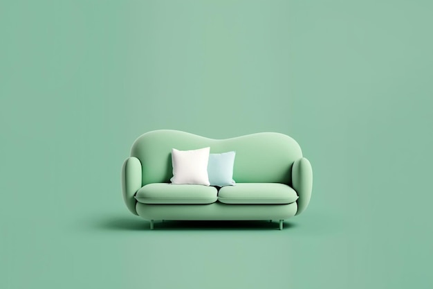 Miękka zielona sofa na zielonym tle Ilustracja 3D Obraz generowany przez sztuczną inteligencję Nowoczesny minimalistyczny detal wnętrza salonu Przytulność w mediach społecznościowych i koncepcja sprzedaży pomysł na kreatywną reklamę