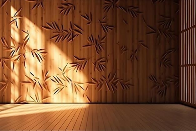 Miękkie i piękne liście nakrapiane światłem słonecznym cienia liści drzewa bambusowego na brązowej drewnianej tafli