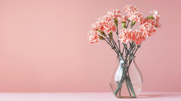 Miękkie kwiaty goździka w szklanym wazonie na pastelowo-różowym tle Generative Ai