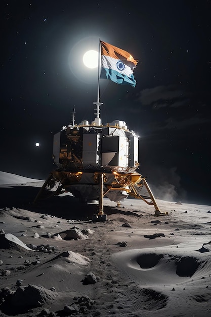 Miękkie lądowanie Chandrayaan 3 na Księżycu z indyjską flagą