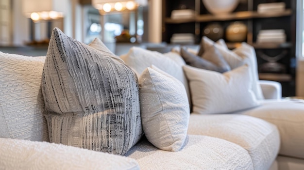 Miękkie pluszowe poduszki dodają komfortu współczesnej przestrzeni siedzącej d płaska kreskówka