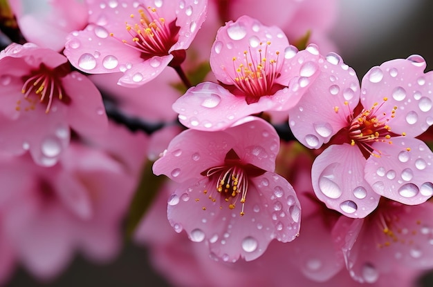 Zdjęcie miękkie różowe kwiaty wiśni pokryte błyszczącymi kropelami rosy
