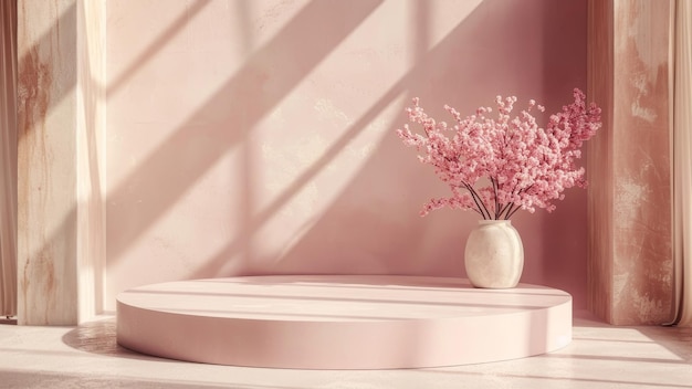 Miękkie różowe kwiaty wiśni w oświetlonym minimalistycznym pokoju