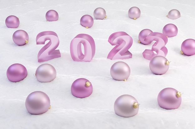 Miękkie różowe szkło w stylu świątecznego nastroju znak 2023 Nowoczesna minimalna koncepcja nowego roku 3D renderowania ilustracji