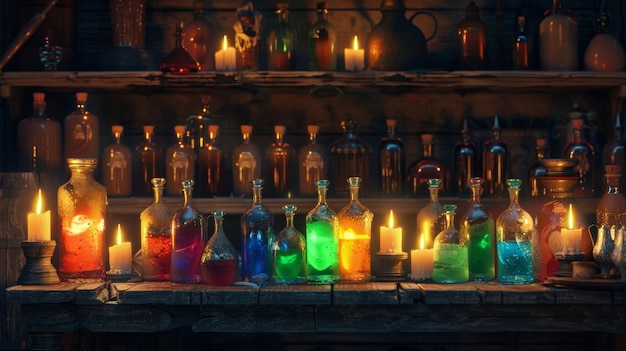 Miękkie świece oświetlają szereg kolorowych eliksirów i eliksyrów na wystawie wywołując poczucie