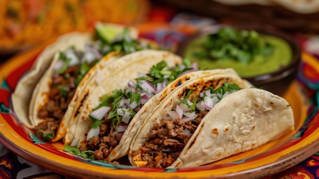 Miękkie Tortilla Tacos z mieloną wołowiną i fasolą z cebulą i cilantro na kolorowym talerzu