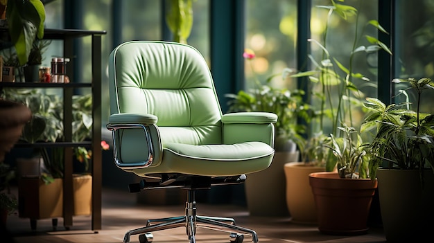 Miękkie zielone krzesło biurowe wygenerowane przez sztuczną inteligencję