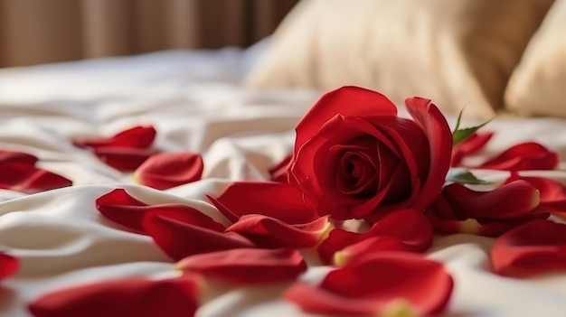 Miesiąc miodowy romantyczny pokój płatki róży rozrzucone na łóżku dla miłosnego kochanka