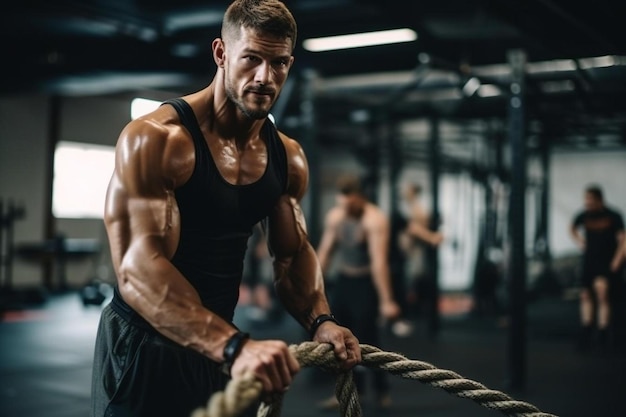 mięśniowy mężczyzna podnoszący linę w siłowni