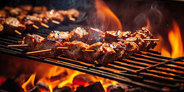 Mięso, kurczak, wieprzowina, grillowany kebab, szpilki, jedzenie, grillowane z płomieniem, scena dekoracyjna