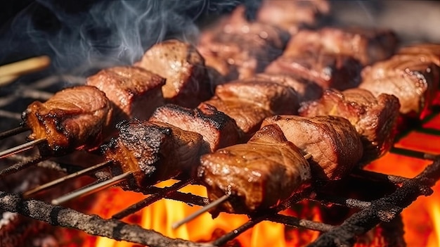 Mięso na BBQ płonące węgle w tle