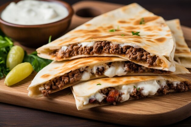 Zdjęcie mięso quesadilla w chrupiącym chlebie pita i serze julienne