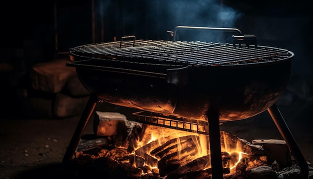 Mięso z grilla na metalowym ruszcie nad ogniskiem generowanym przez sztuczną inteligencję