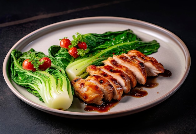 Mięso z kurczaka na grillu podawane z warzywami pak choi na talerzu Generatywna sztuczna inteligencja