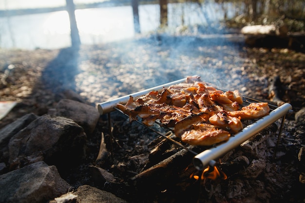 Mięso z kurczaka na ognisku. Przenośna koncepcja pieszych wędrówek z grillem ze stali nierdzewnej. gotowanie na dzikiej przyrodzie.