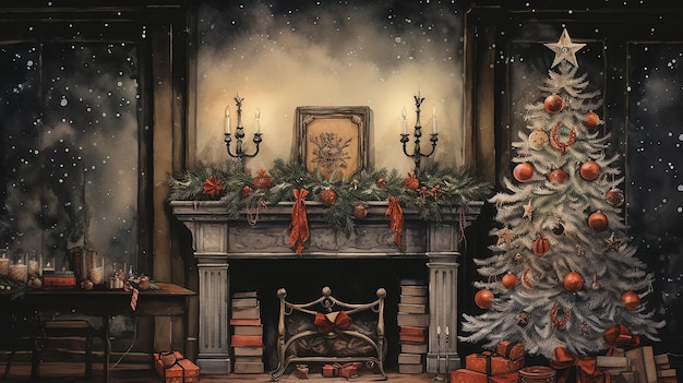 Mieszane dzieła sztuki łączące akwarelowy akcent ręcznie narysowana dekoracja bożonarodzeniowa