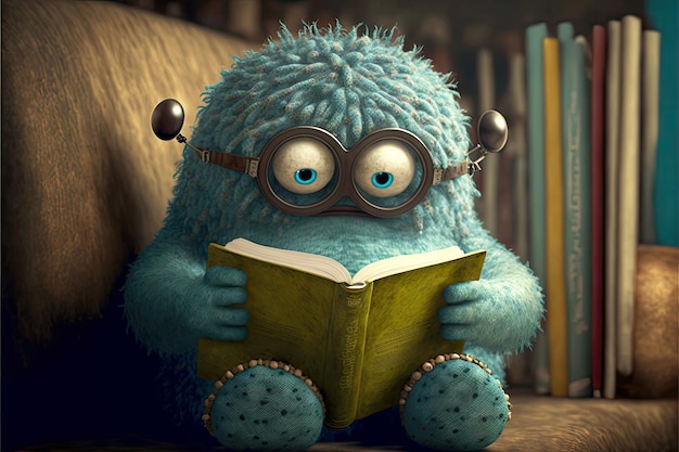 Mieszane potwory słodki potwór czyta książki w okularach generatywnych ai