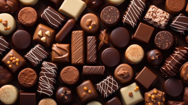 Mieszanka cukierków czekoladowych Różne słodycze Tło trufli czekoladowych i cukierków Ilustracja generatywna AI