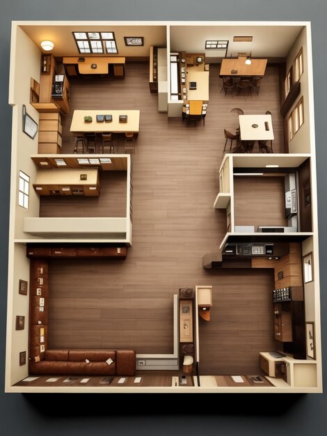 Zdjęcie mieszkanie płaskie widok z góry meble i dekoracje plan przekroju projektowanie wnętrz architekt projektant koncepcja pomysł biały tło ilustracja 3d