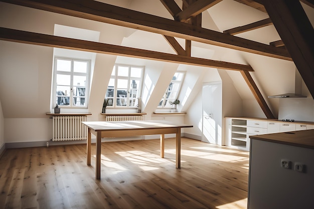 Mieszkanie z biurkiem i drewnianą podłogą