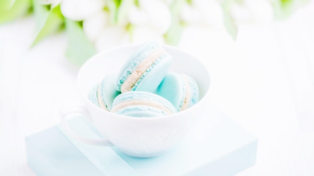 Miętowy lub tiffany kolor macaron lub deser makaronik z kremem waniliowym w białej filiżance