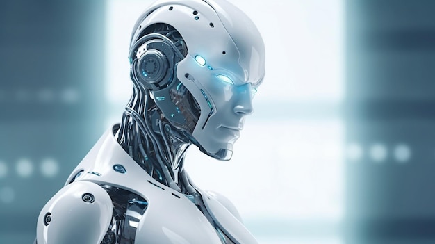 Migawka robota-cyborga lub pracownika biurowego w nowej kadrze Robotyka technologia przyszłości i media mieszane w postaci nowoczesnego magazynu projektowego GENERATE AI