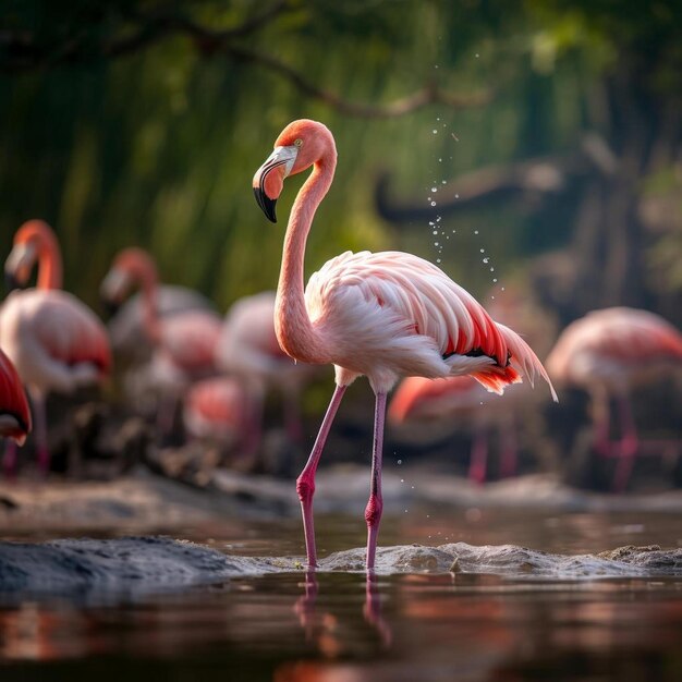 Zdjęcie migrujące ptaki większe flamingo wędrujące w płytkich wodach w sanktuarium ptaków na początku