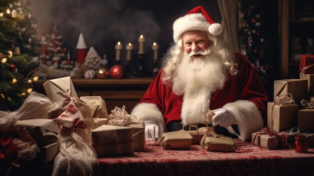 Mikołaj pakuje prezenty przed świętami Bożego Narodzenia, wakacje frotte, sezon zimowy, generatywny ai