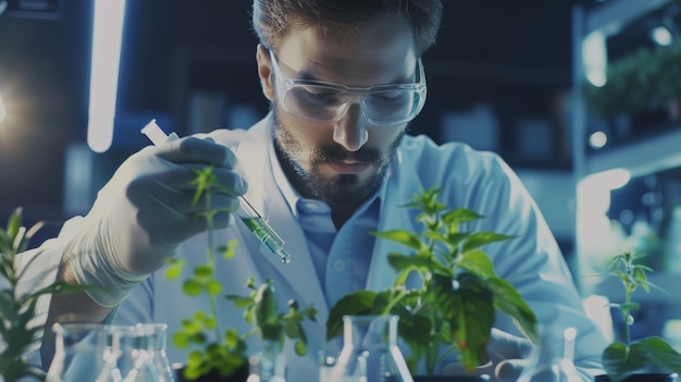 Zdjęcie mikrobiolog dodający biologiczne składniki odżywcze, witaminy i minerały do zielonych roślin medycyna w nowoczesnym laboratorium żywnościowym