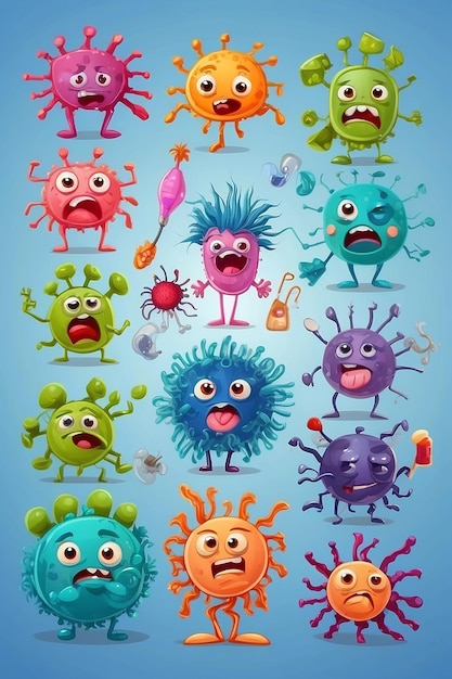 Zdjęcie mikroby i wirusy postacie germowe z zabawnymi twarzami maskotki bakterii i wirusów chorób