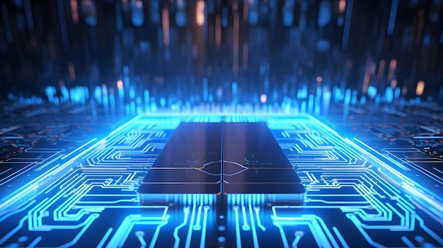 Mikrochip świecący w niebieskich kolorach Technologiczne i futurystyczne tło