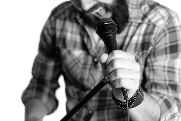 Zdjęcie mikrofon na białym tle ręka człowieka