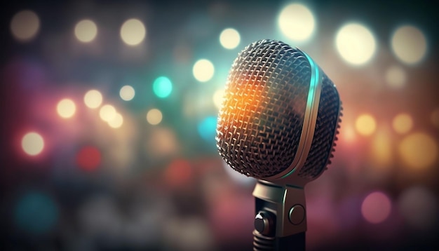 Mikrofon na niewyraźnym tle Karaoke i koncert Generative AI