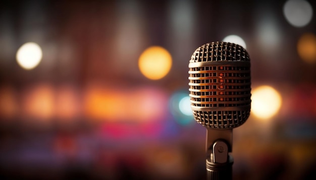 Mikrofon na niewyraźnym tle Karaoke i koncert Generative AI
