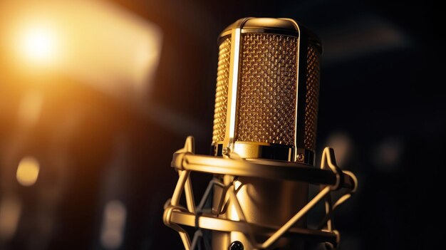 Mikrofon na scenie z światłami gotowy do rozmowy lub wywiadu podcastu