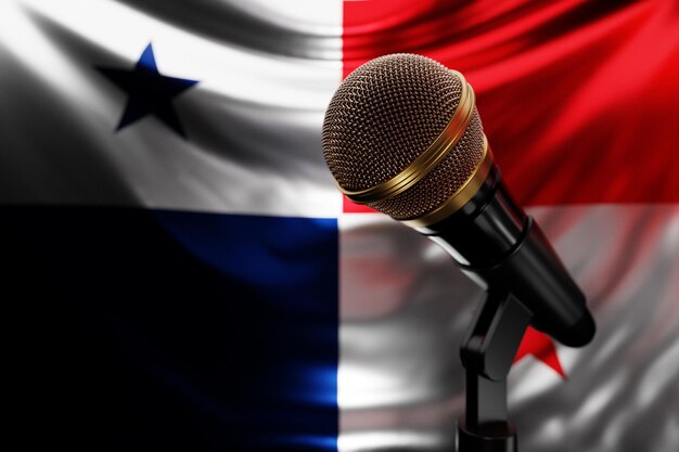 Mikrofon na tle flagi narodowej Panamy realistyczna ilustracja 3d muzyka nagroda karaoke radio i sprzęt nagłaśniający studio nagrań