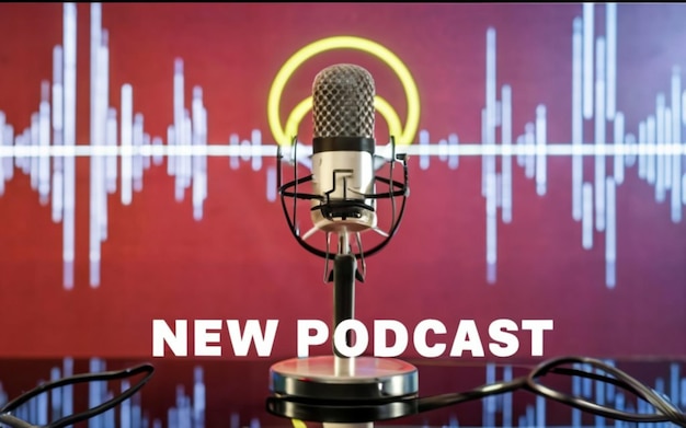 Mikrofon podcastu z tekstem Nowy Podcast