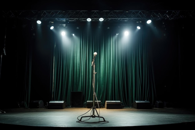 Mikrofon stojący samotnie na prowizorycznej scenie