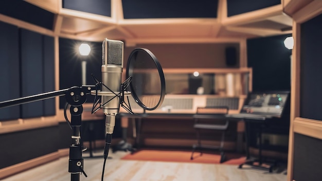 Mikrofon studyjny i pop shield na mikrofonie w pustym studiu nagraniowym