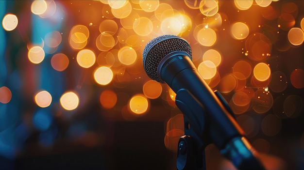 Mikrofon w sali koncertowej lub sali konferencyjnej z rozmytymi światłami bokeh w tle Bardzo płytki dof