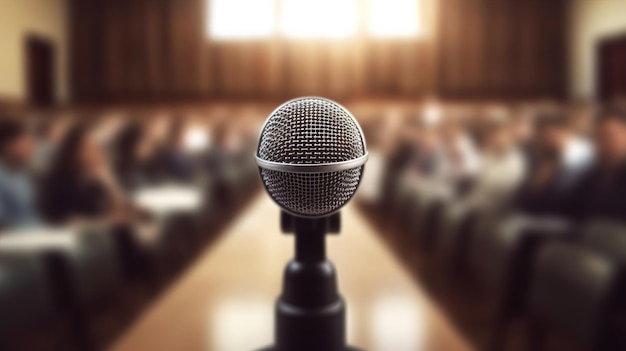 Mikrofon w sali konferencyjnej seminaryjnej z zamazanym tłem